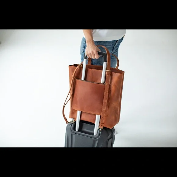 Convertible Leather Bag with Luggage Sleeve - Picture 4 of 7